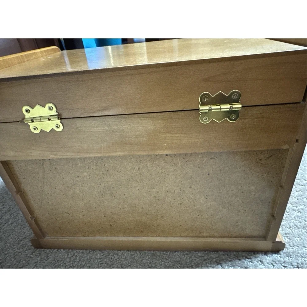 Vintage Wood Jewelry Armoire Chest Box Mirrored Lift  Maple Color